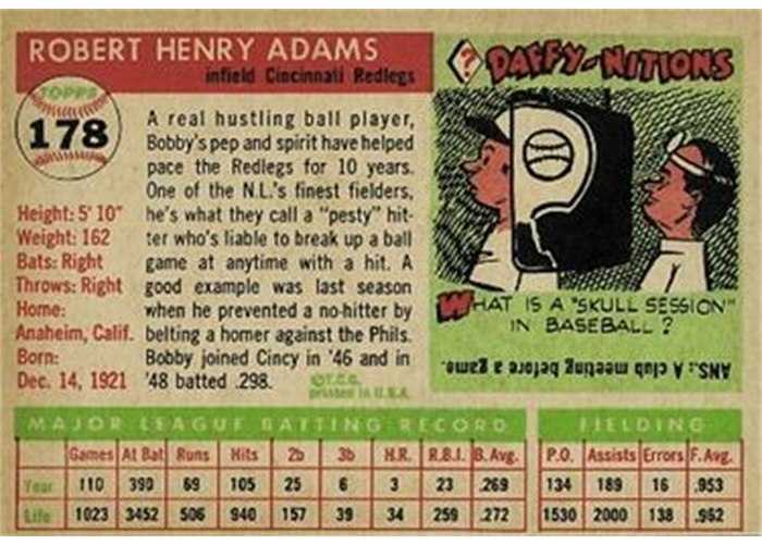 1955 Topps #178 Bobby Adams (back)