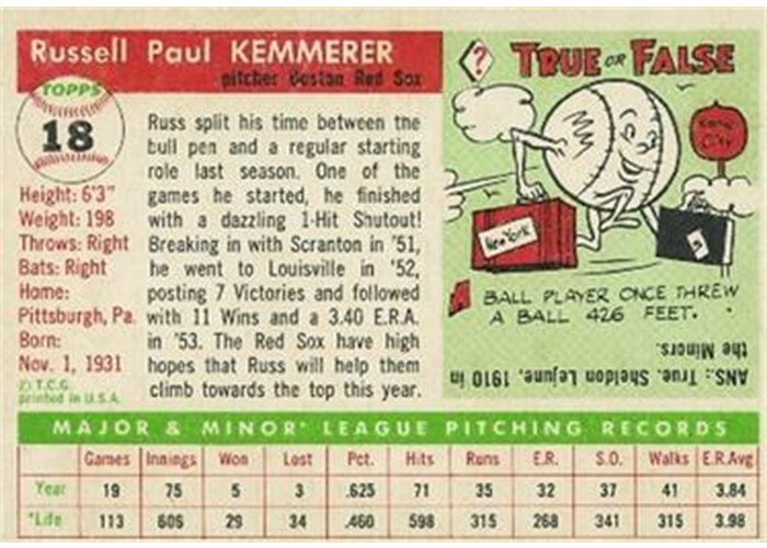 1955 Topps #18 Russ Kemmerer (back)