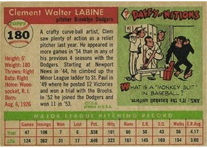 1955 Topps #180 Clem Labine (back)