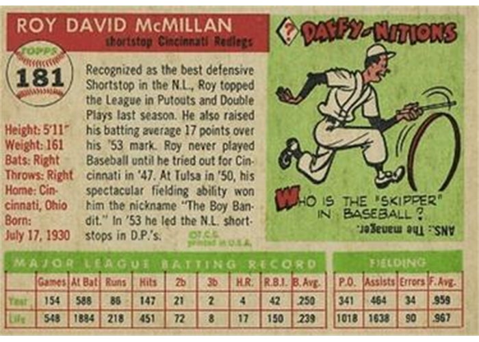 1955 Topps #181 Roy McMillan (back)