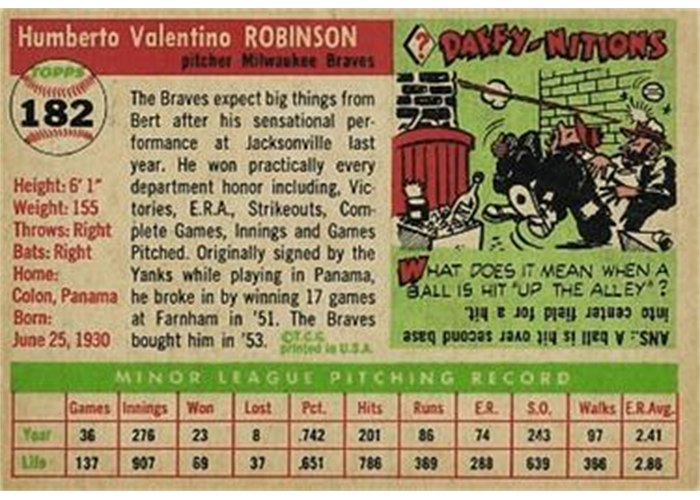 1955 Topps #182 Humberto Robinson (back)
