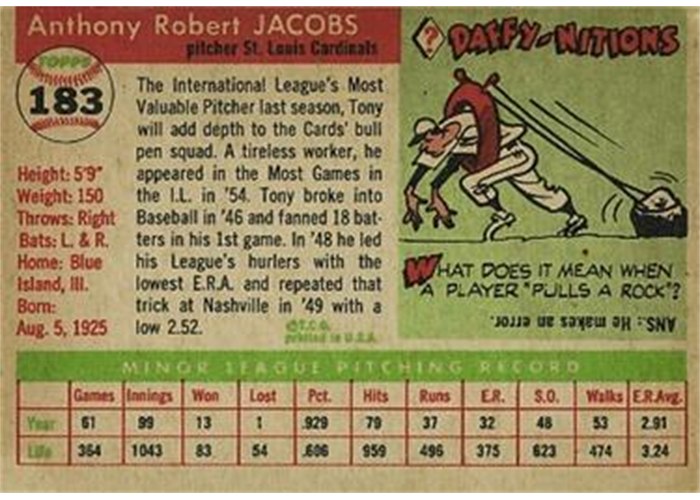 1955 Topps #183 Tony Jacobs (back)
