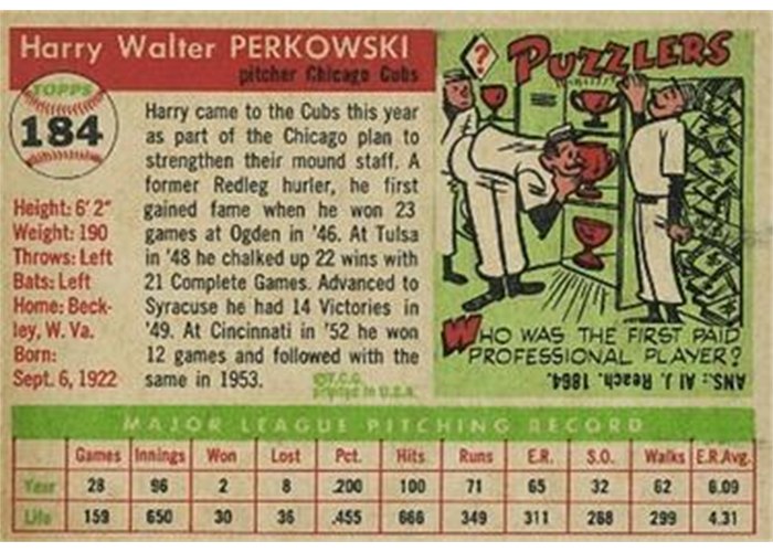 1955 Topps #184 Harry Perkowski (back)