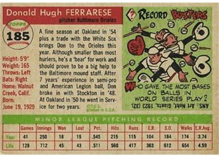 1955 Topps #185 Don Ferrarese (back)
