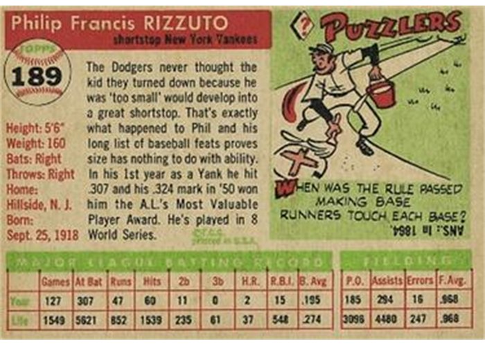 1955 Topps #189 Phil Rizzuto (back)