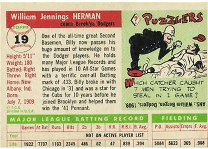 1955 Topps #19 Billy Herman (back)