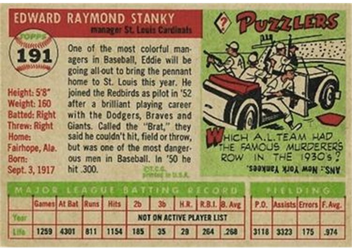 1955 Topps #191 Eddie Stanky (back)