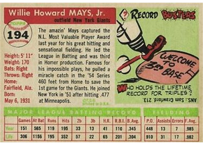1955 Topps #194 Willie Mays (back)