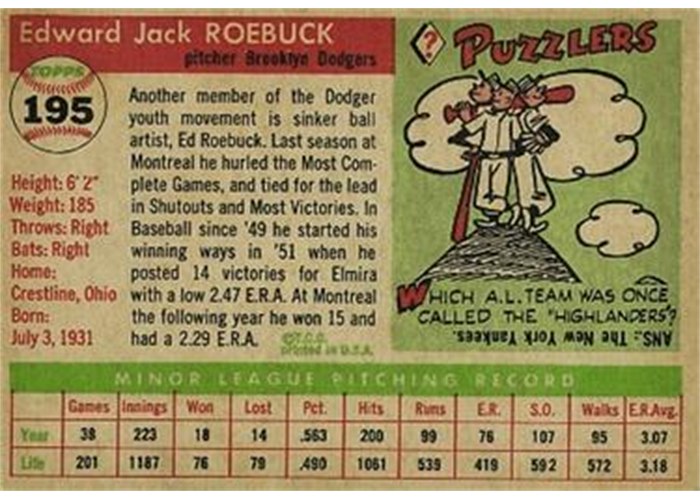 1955 Topps #195 Ed Roebuck (back)