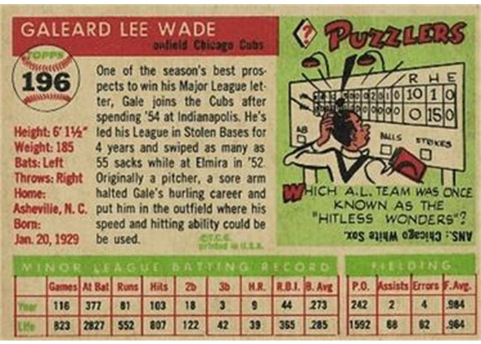 1955 Topps #196 Gale Wade (back)