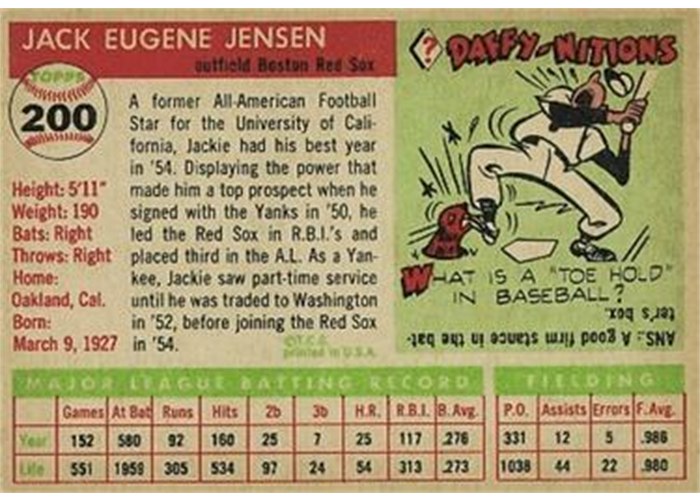 1955 Topps #200 Jackie Jensen (back)