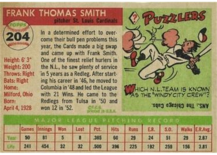 1955 Topps #204 Frank Smith (back)