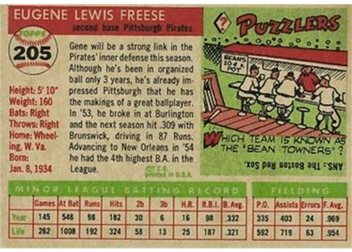 1955 Topps #205 Gene Freese (back)