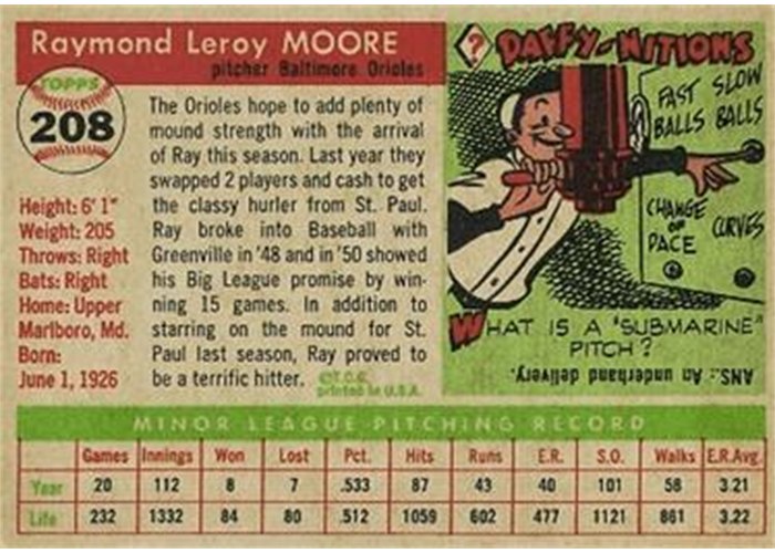 1955 Topps #208 Ray Moore (back)