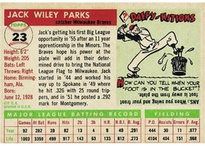 1955 Topps #23 Jack Parks (back)