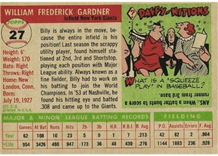 1955 Topps #27 Billy Gardner (back)