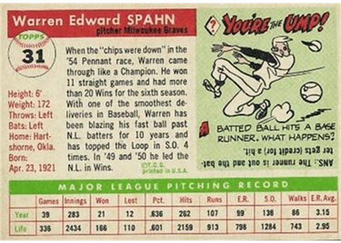 1955 Topps #31 Warren Spahn (back)