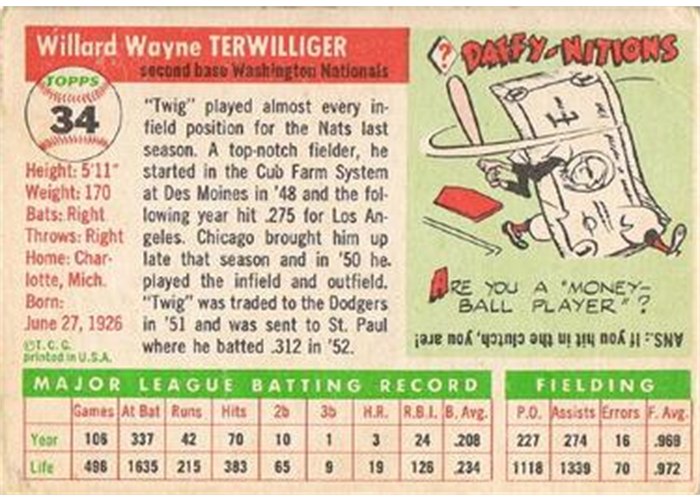 1955 Topps #34 Wayne Terwilliger (back)