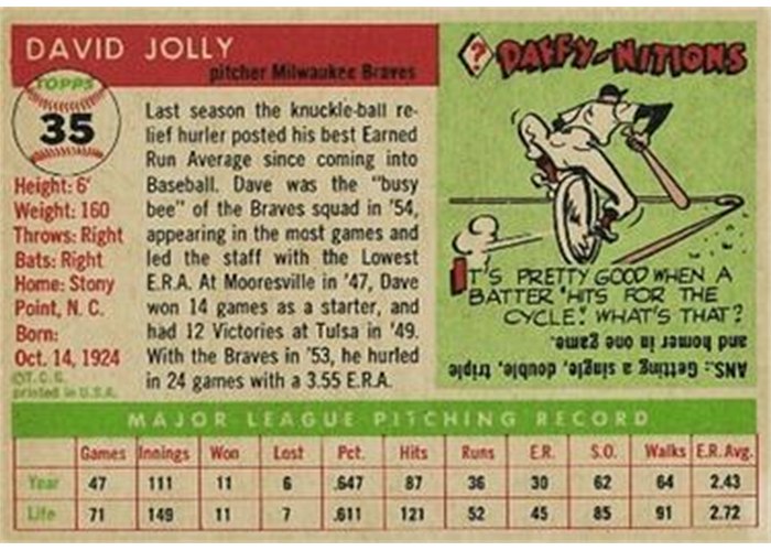 1955 Topps #35 Dave Jolly (back)