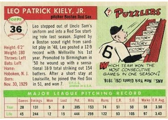1955 Topps #36 Leo Kiely (back)