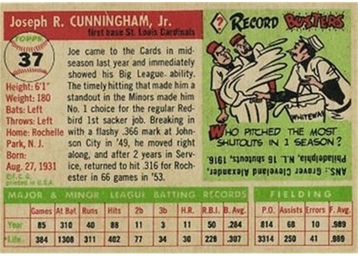 1955 Topps #37 Joe Cunningham (back)