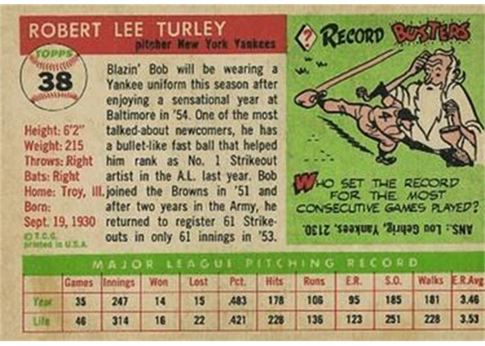 1955 Topps #38 Bob Turley (back)
