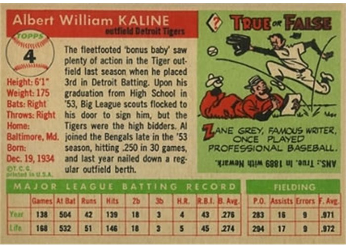 1955 Topps #4 Al Kaline (back)