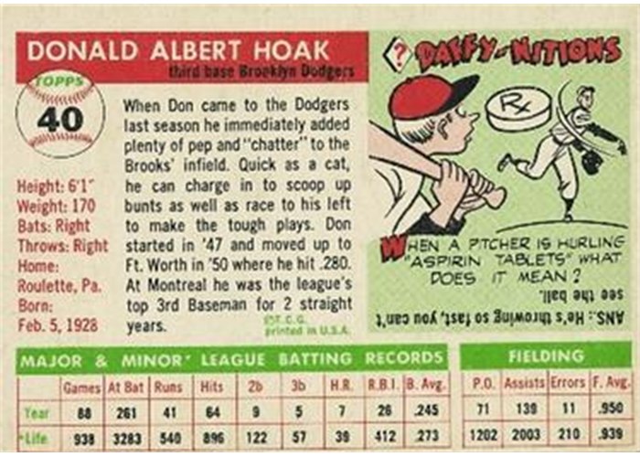 1955 Topps #40 Don Hoak (back)