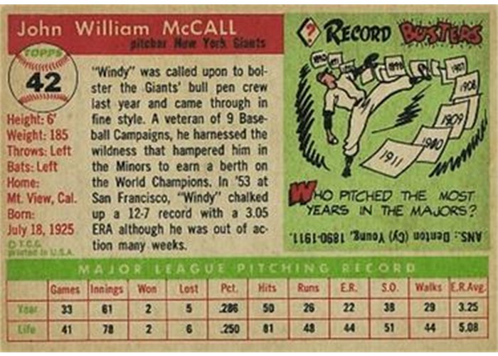 1955 Topps #42 Windy McCall (back)