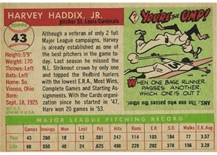 1955 Topps #43 Harvey Haddix (back)