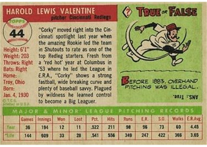1955 Topps #44 Corky Valentine (back)