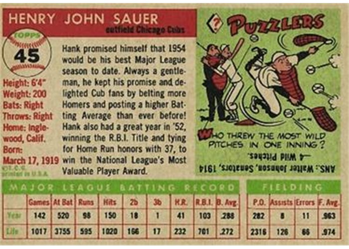 1955 Topps #45 Hank Sauer (back)