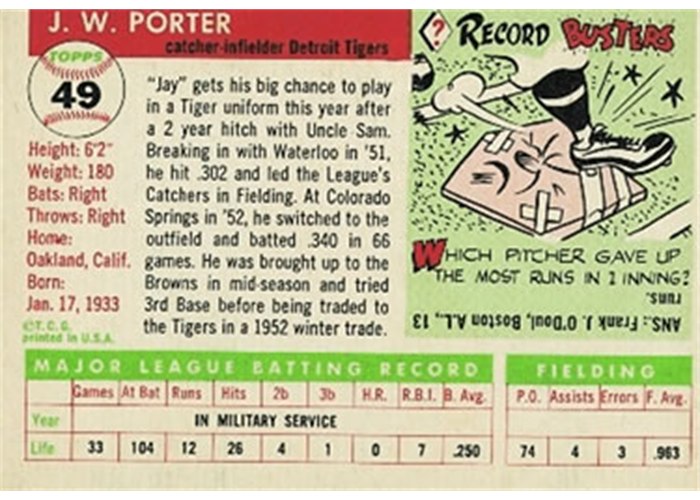 1955 Topps #49 J.W. Porter (back)