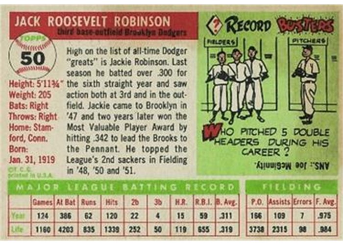 1955 Topps #50 Jackie Robinson (back)