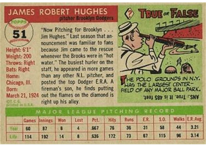 1955 Topps #51 Jim Hughes (back)
