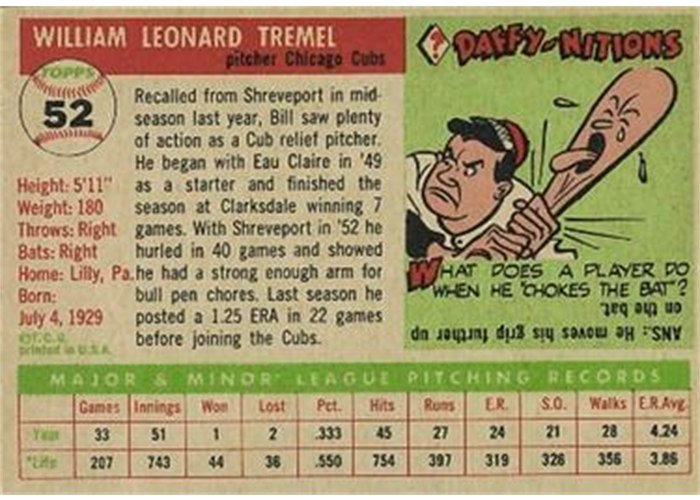 1955 Topps #52 Bill Tremel (back)