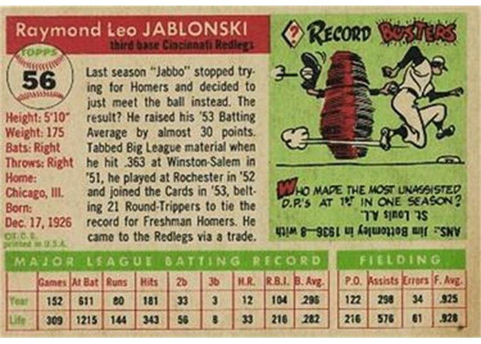 1955 Topps #56 Ray Jablonski (back)