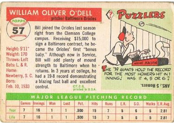 1955 Topps #57 Billy O'Dell (back)