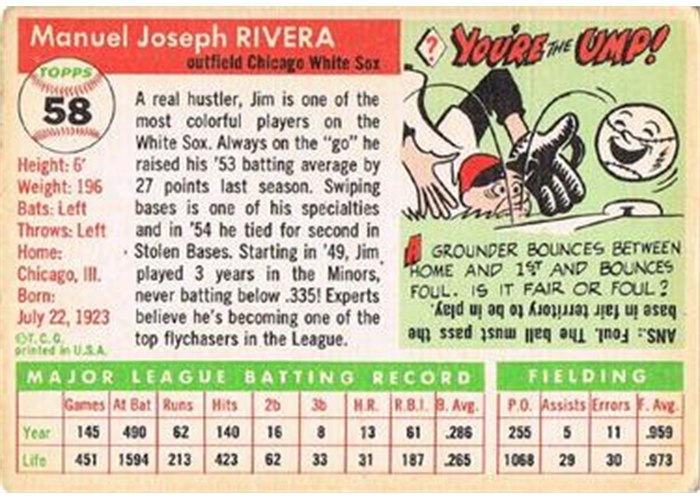 1955 Topps #58 Jim Rivera (back)