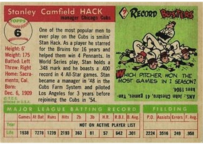 1955 Topps #6 Stan Hack (back)