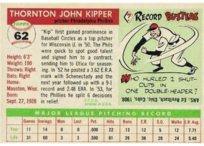 1955 Topps #62 Thornton Kipper (back)