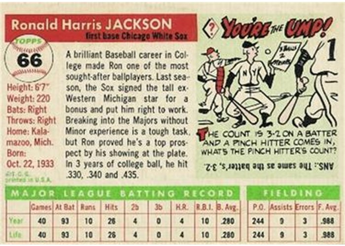 1955 Topps #66 Ron Jackson (back)