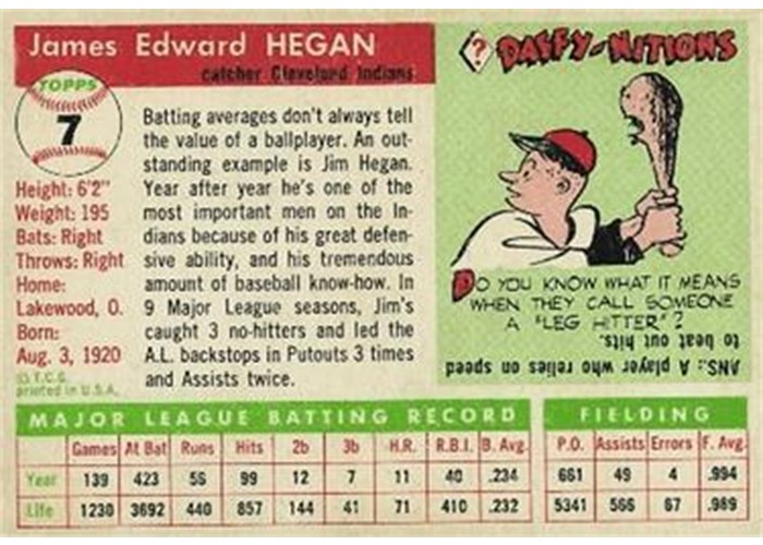 1955 Topps #7 Jim Hegan (back)