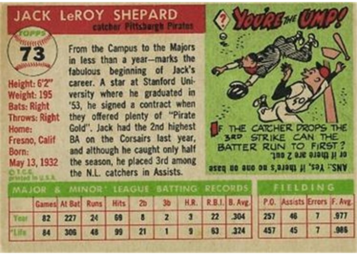 1955 Topps #73 Jack Shepard (back)