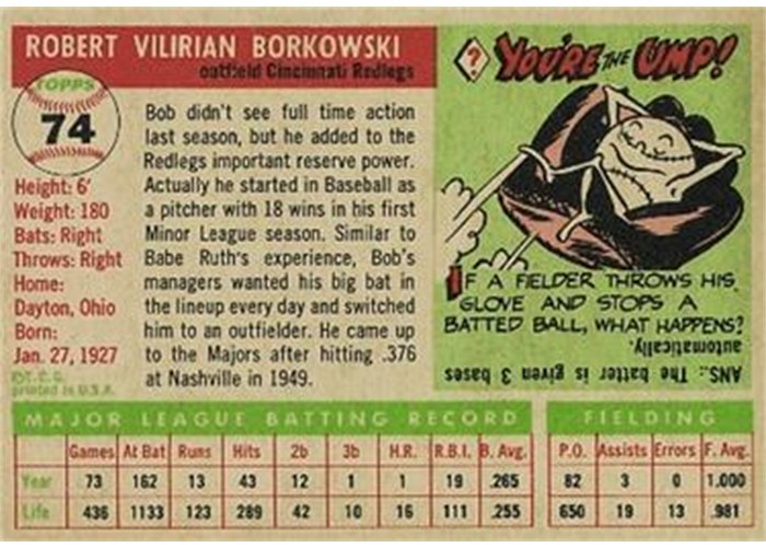 1955 Topps #74 Bob Borkowski (back)