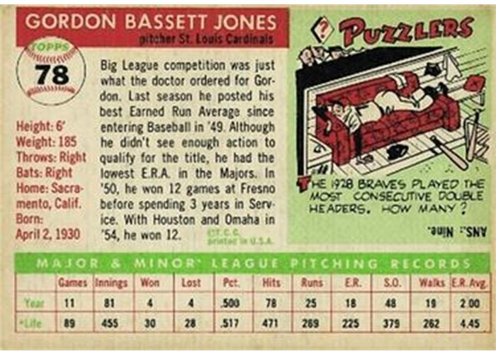 1955 Topps #78 Gordon Jones (back)