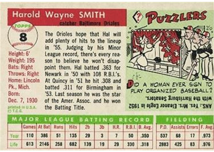 1955 Topps #8 Hal Smith (back)
