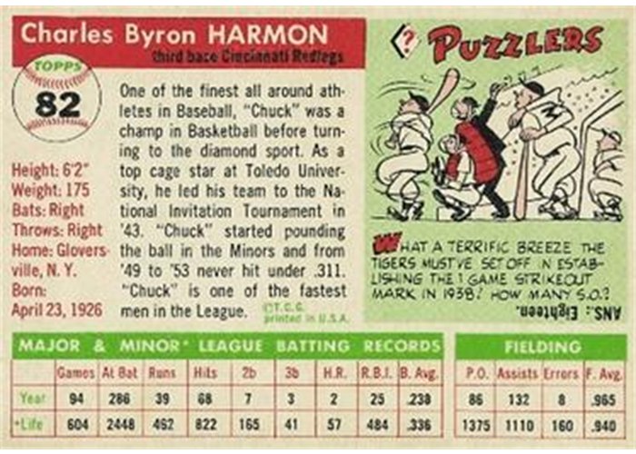 1955 Topps #82 Chuck Harmon (back)