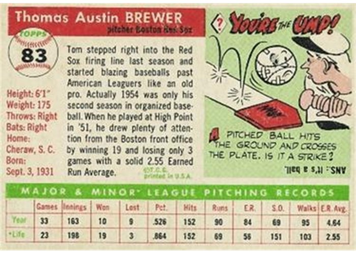 1955 Topps #83 Tom Brewer (back)