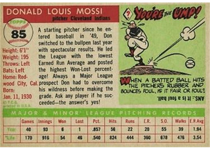 1955 Topps #85 Don Mossi (back)